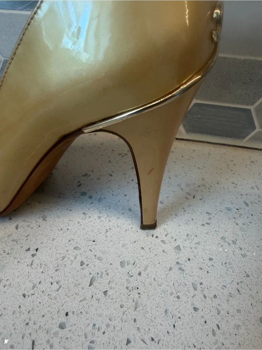 Name Your Price. CHANEL Gold Patent Leather Heels with CC Logo